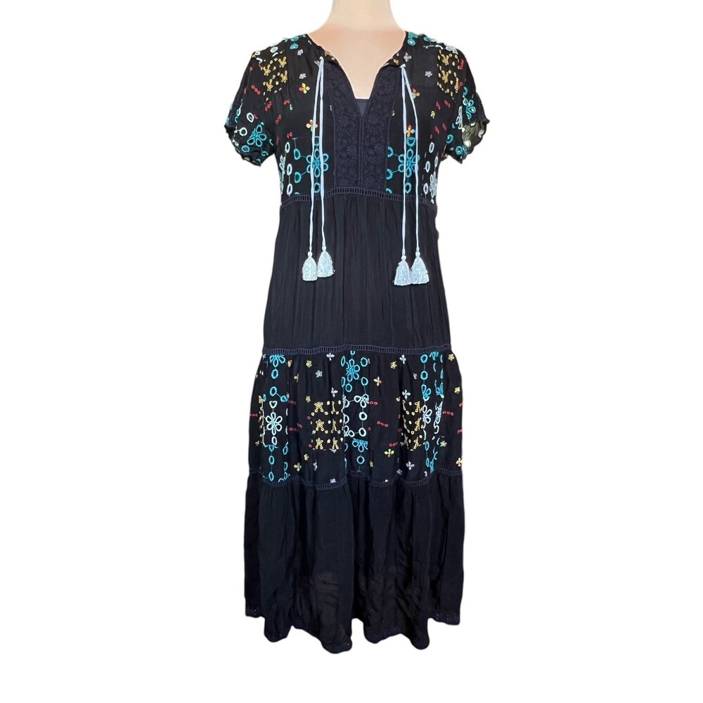 JOHNNY WAS Sarai Embroidered Tassel Midi Dress Black with Slip Size XS C32621-3